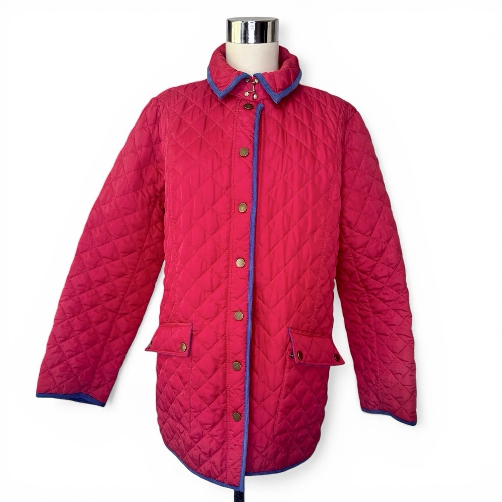 NEW Joan Rivers Red‎ Quilted Snap Up Casual Barn Jacket With Blue Trim M